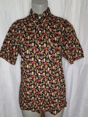 Men's Black Short-Sleeve Button-Down Shirt with Orange and Olive Cactus Print